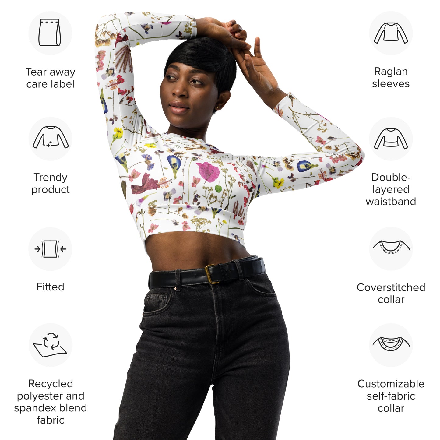 Guánica Flowers Recycled long-sleeve crop top